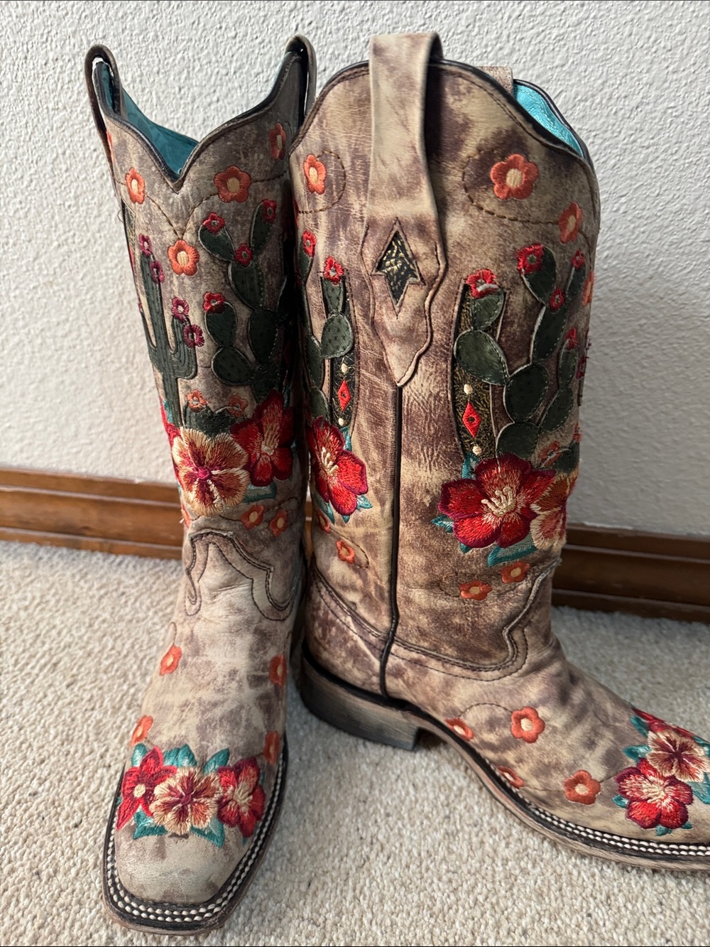 Corral Floral Cactus Embroidered Taupe Teal Women's Heeled Boots - Picture 3 of 8